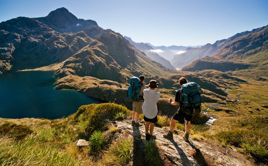 Hikers on the Routeburn Track, Fiordland.