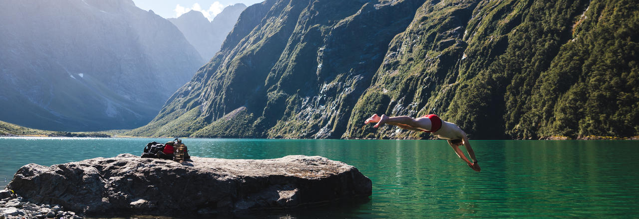 Swimming in Lake Marian, Fiordland