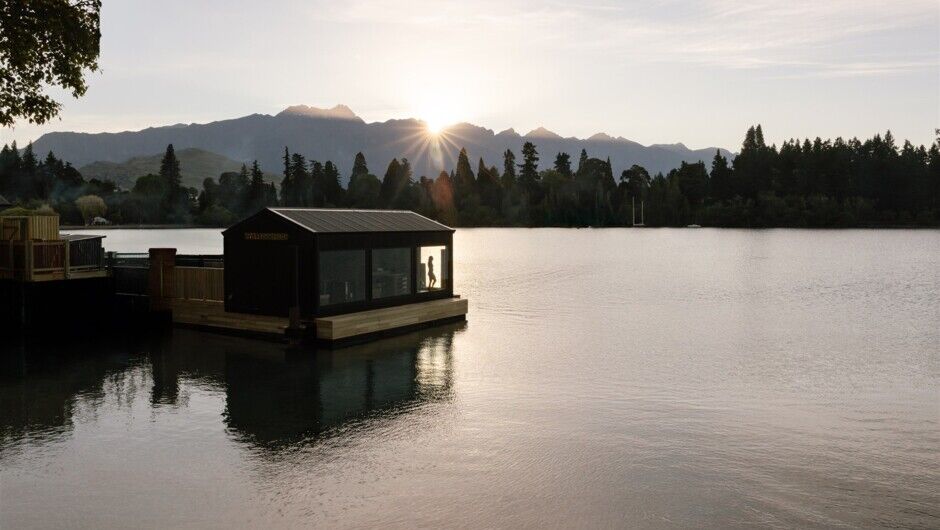The Watershed floating sauna and cold plunge on Lake Whakatipu, a new wellness experience in Queenstown.